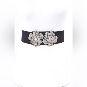 Black Wide Waist Statement Belt with Silver Rhinestone Flowers